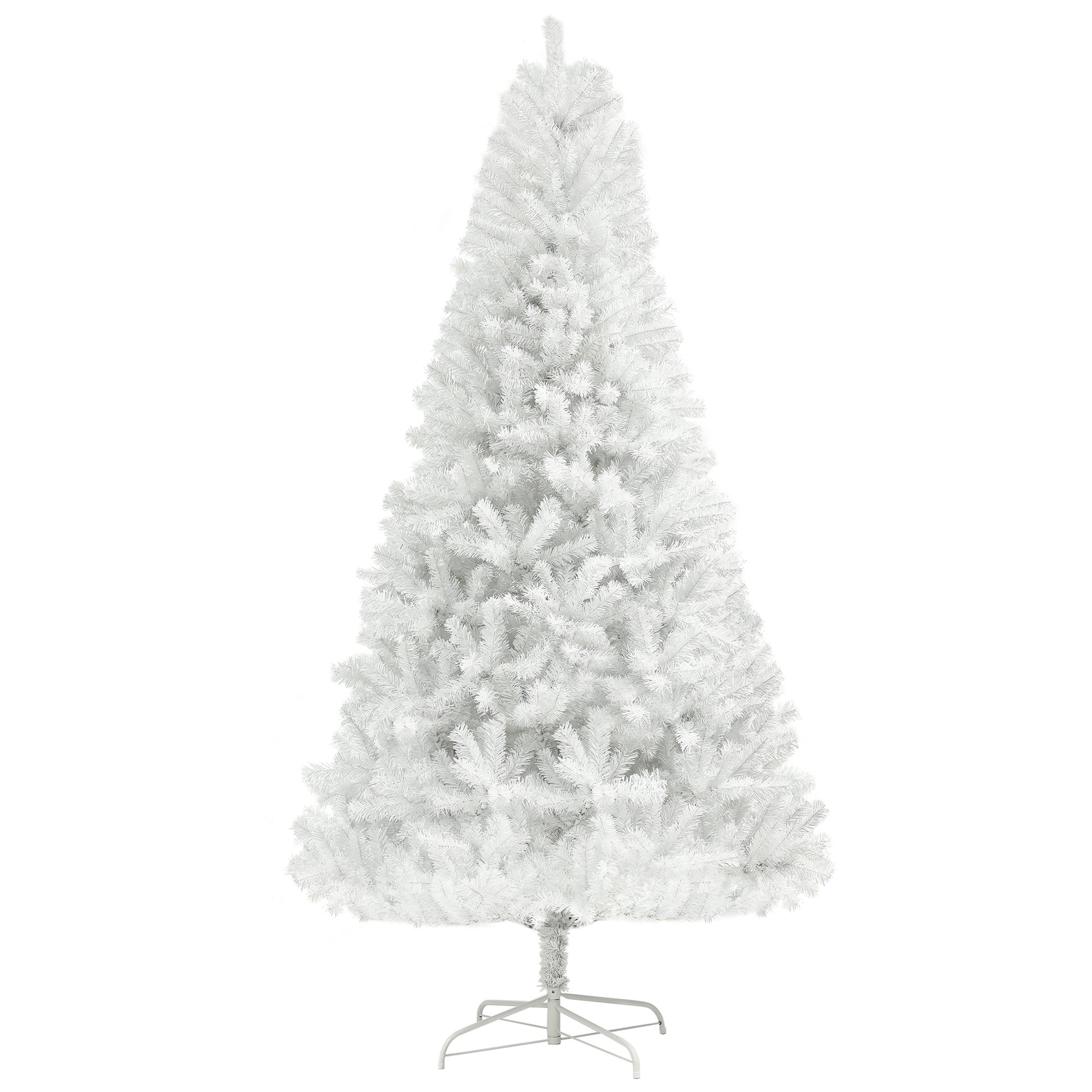 Full shot of a white artificial Christmas tree with a metal stand