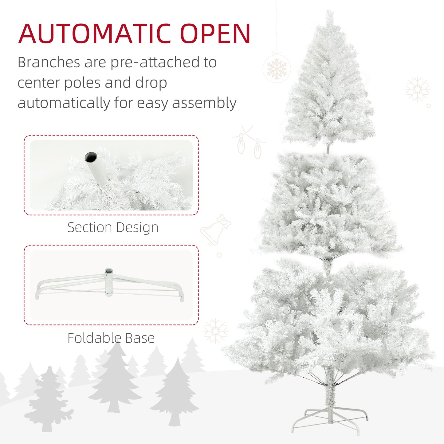 White artificial Christmas tree with automatic opening branches and foldable metal base