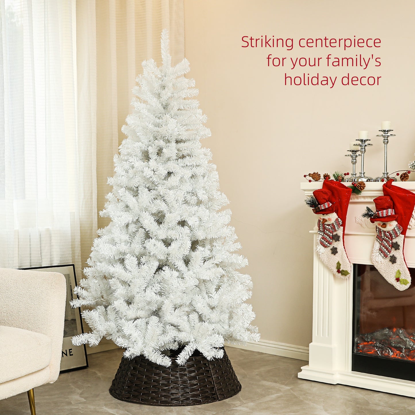 Fluffy white artificial Christmas tree with woven basket stand