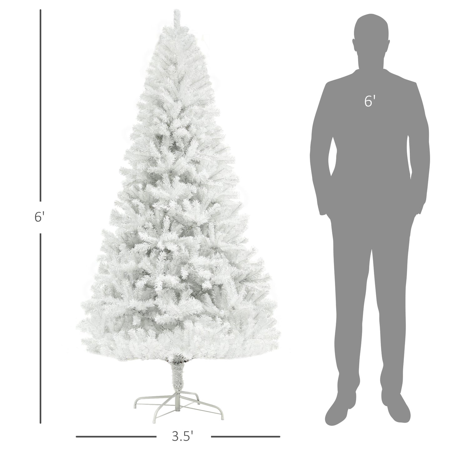 A foot tall white artificial Christmas tree with a metal stand shown next to a foot scale silhouette