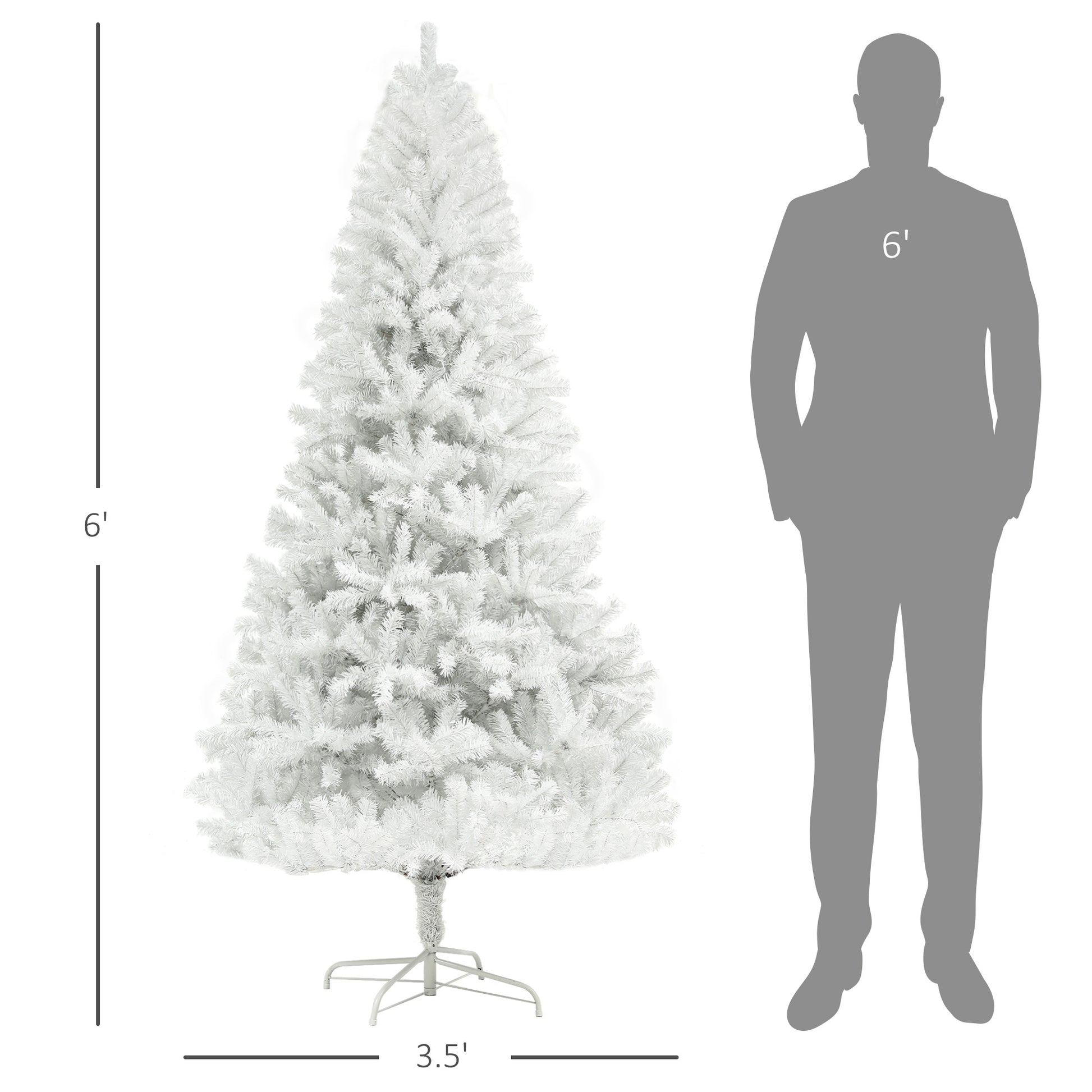 A foot tall white artificial Christmas tree with a metal stand shown next to a foot scale silhouette