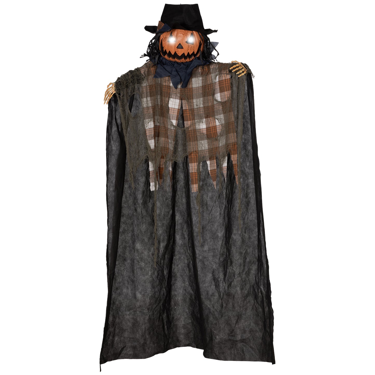Animated Halloween scarecrow with a jackolantern head and glowing eyes