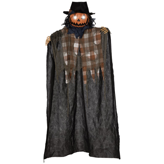 Animated Halloween scarecrow with a jackolantern head and glowing eyes