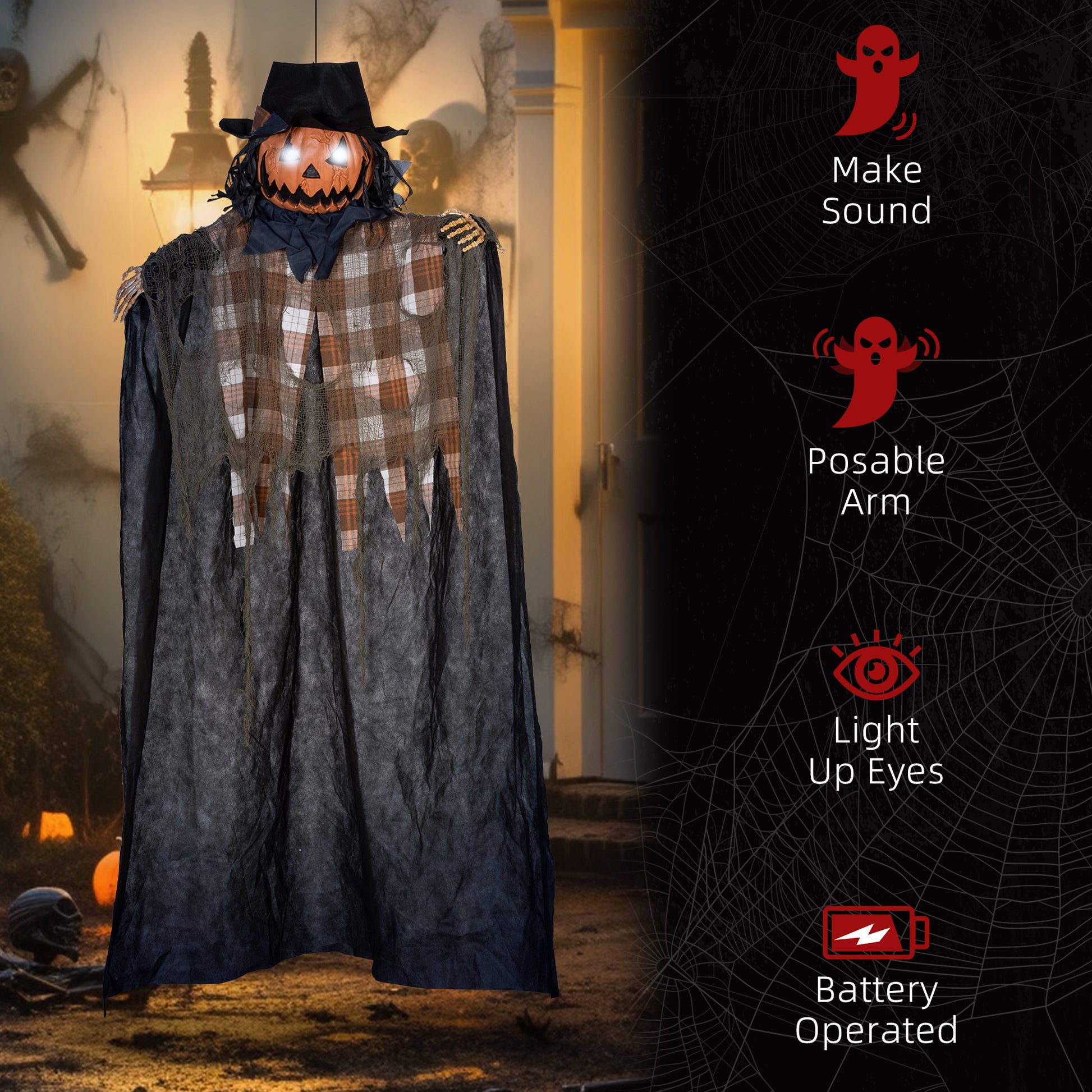 Scary Halloween animated scarecrow decoration with a pumpkin head and glowing eyes