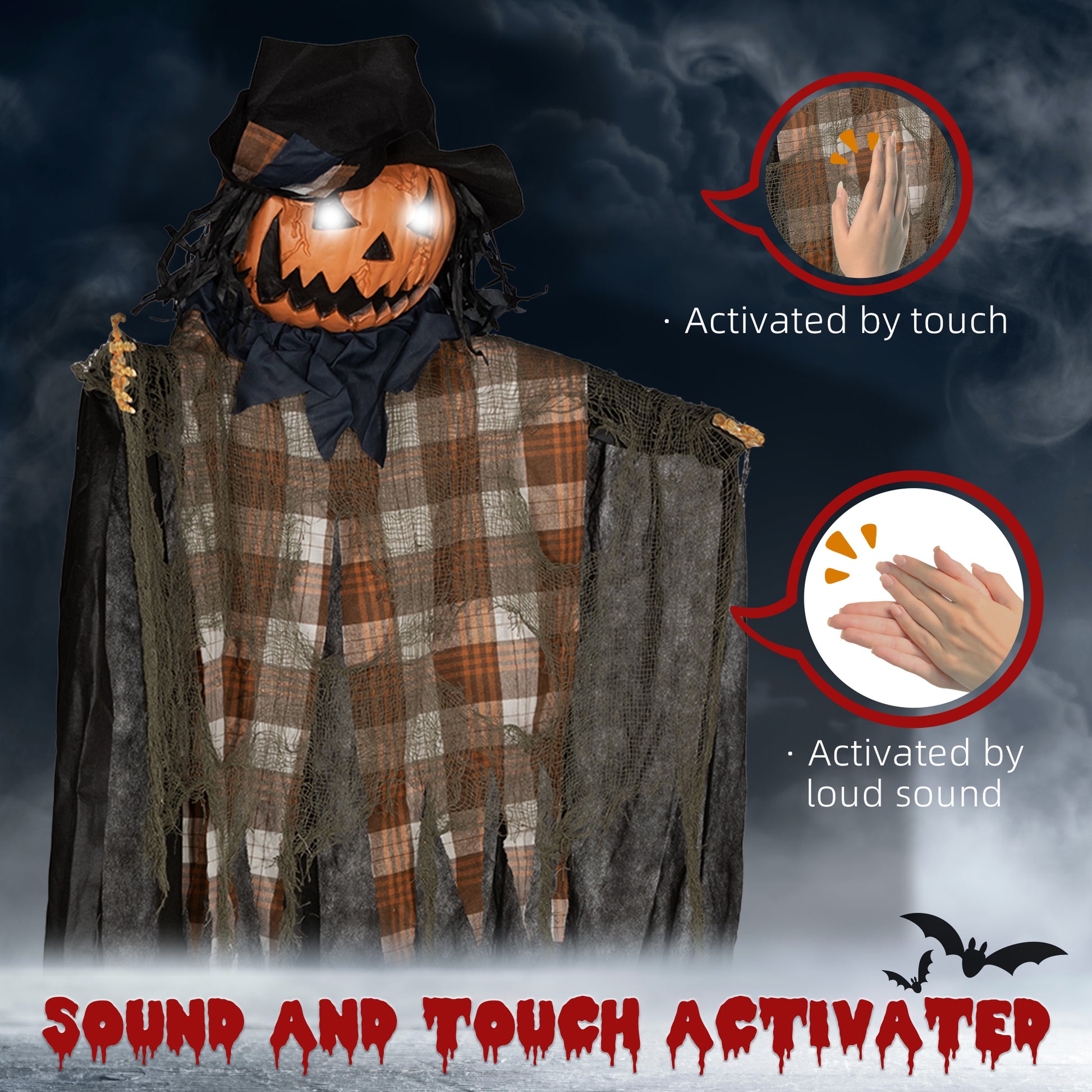 Scary pumpkin scarecrow with glowing eyes and checkered fabric Halloween decoration