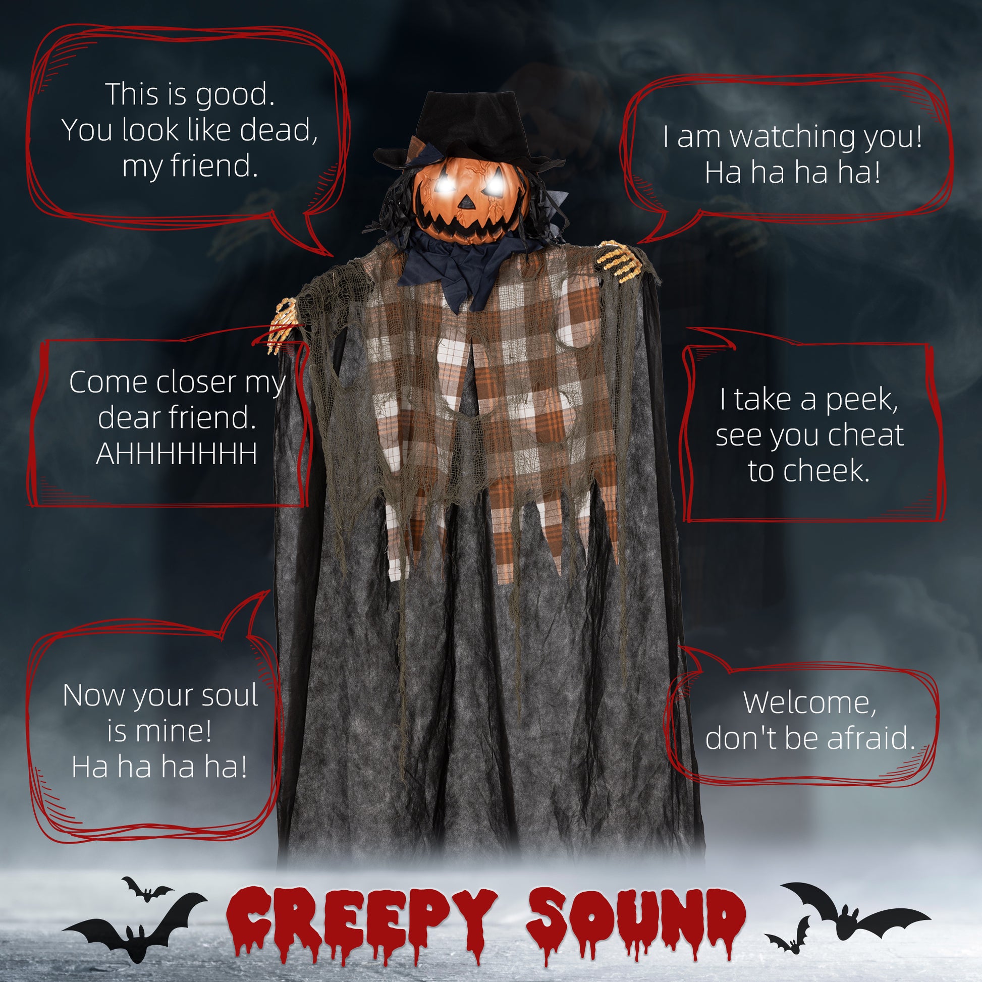 Scarecrow with pumpkin head and glowing eyes wearing plaid shirt and tattered cloak