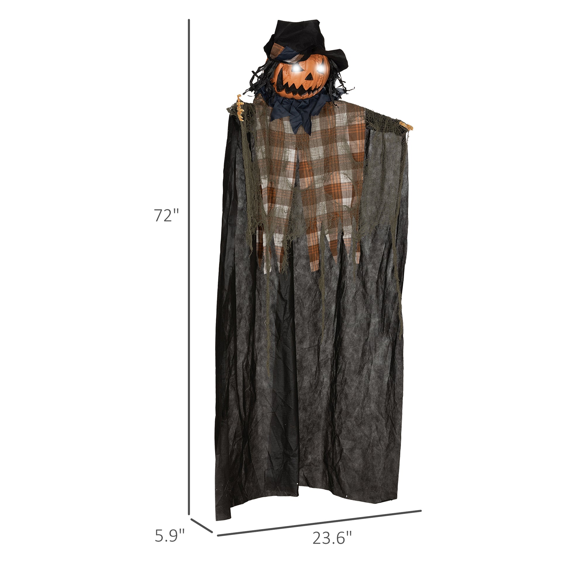 Scary inch tall Halloween pumpkin scarecrow prop with plaid shirt and tattered cape