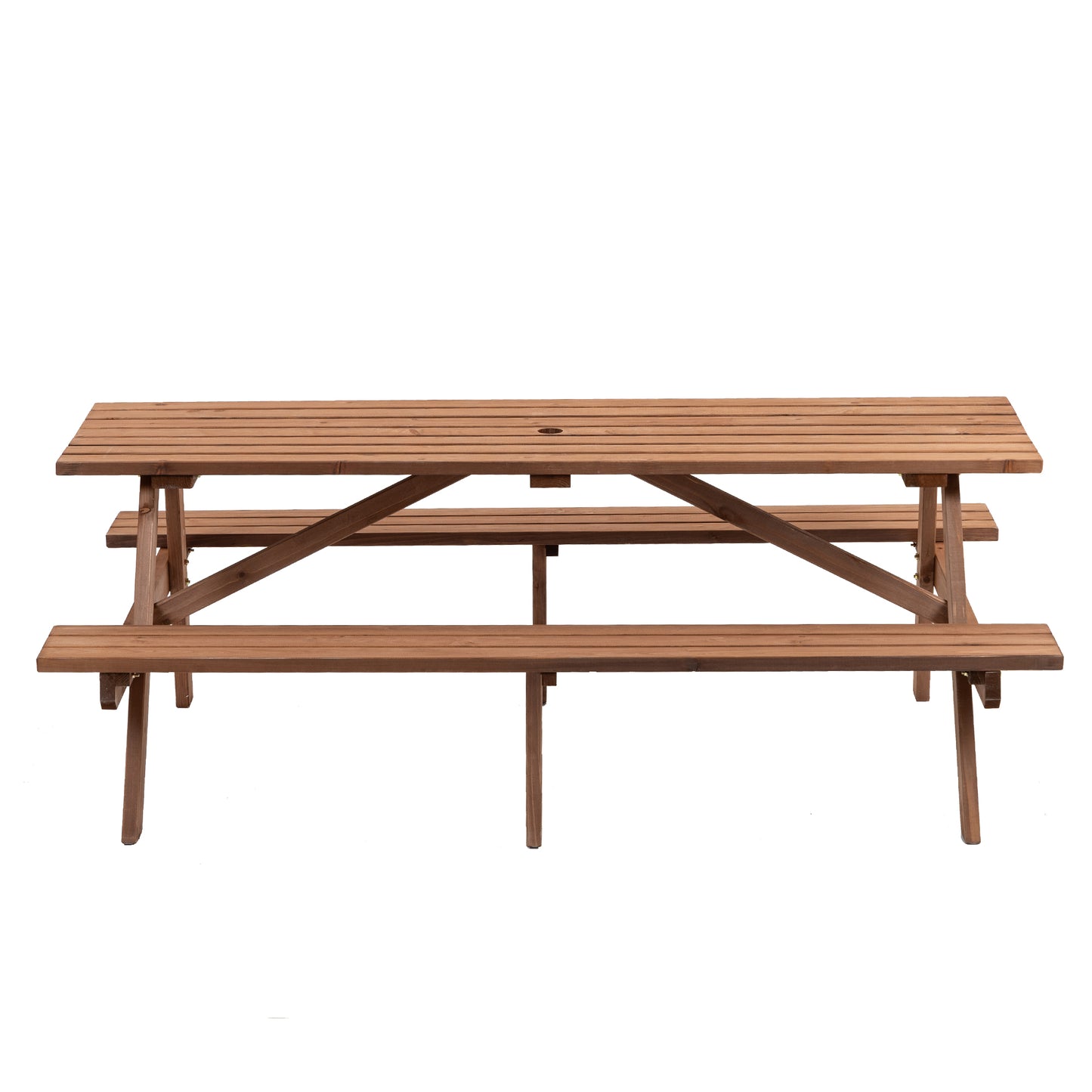 Wooden picnic table with attached benches and central umbrella hole