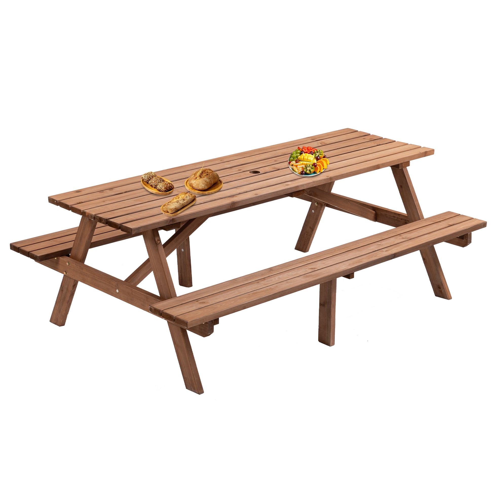 Wooden picnic table with attached benches perfect for outdoor gatherings and alfresco dining