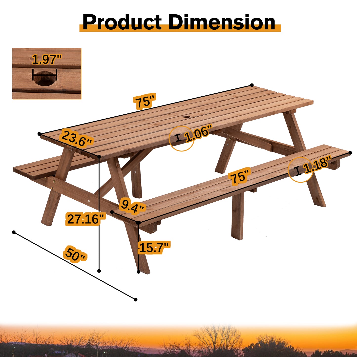 Wooden picnic table with benches  inches long ideal for outdoor dining