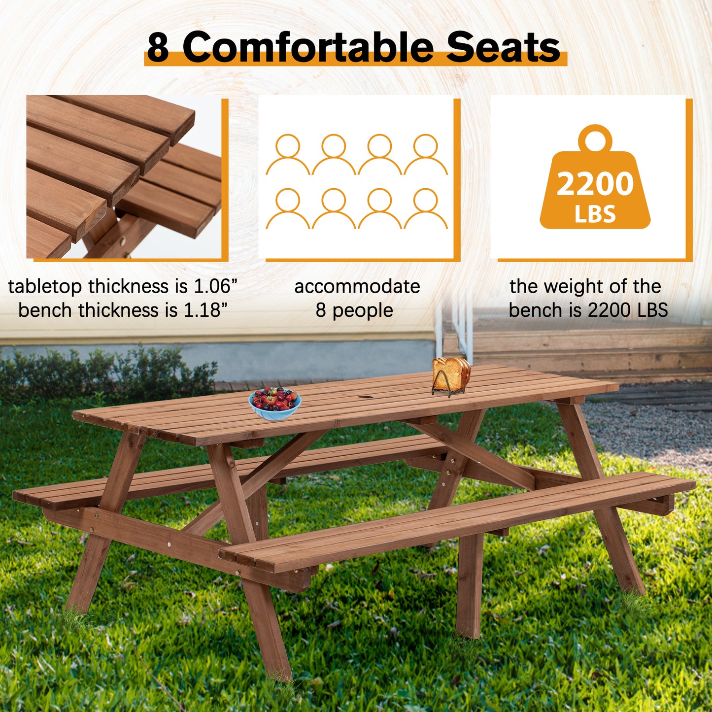Sturdy wooden picnic table with attached benches accommodating  people comfortably outdoors