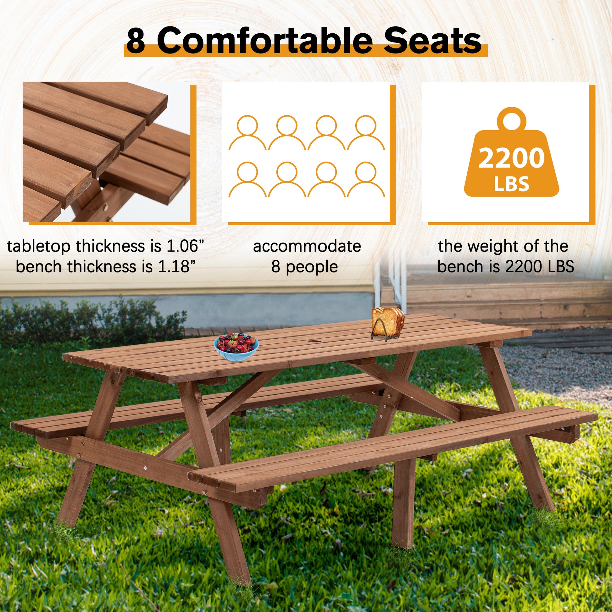 Sturdy wooden picnic table with attached benches accommodating  people comfortably outdoors