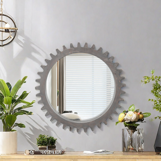 Industrial gearshaped wall mirror with distressed wood frame  inches diameter