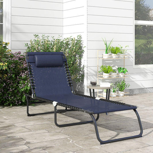 Dark navy blue mesh zero gravity lounger with black frame and adjustable pillow