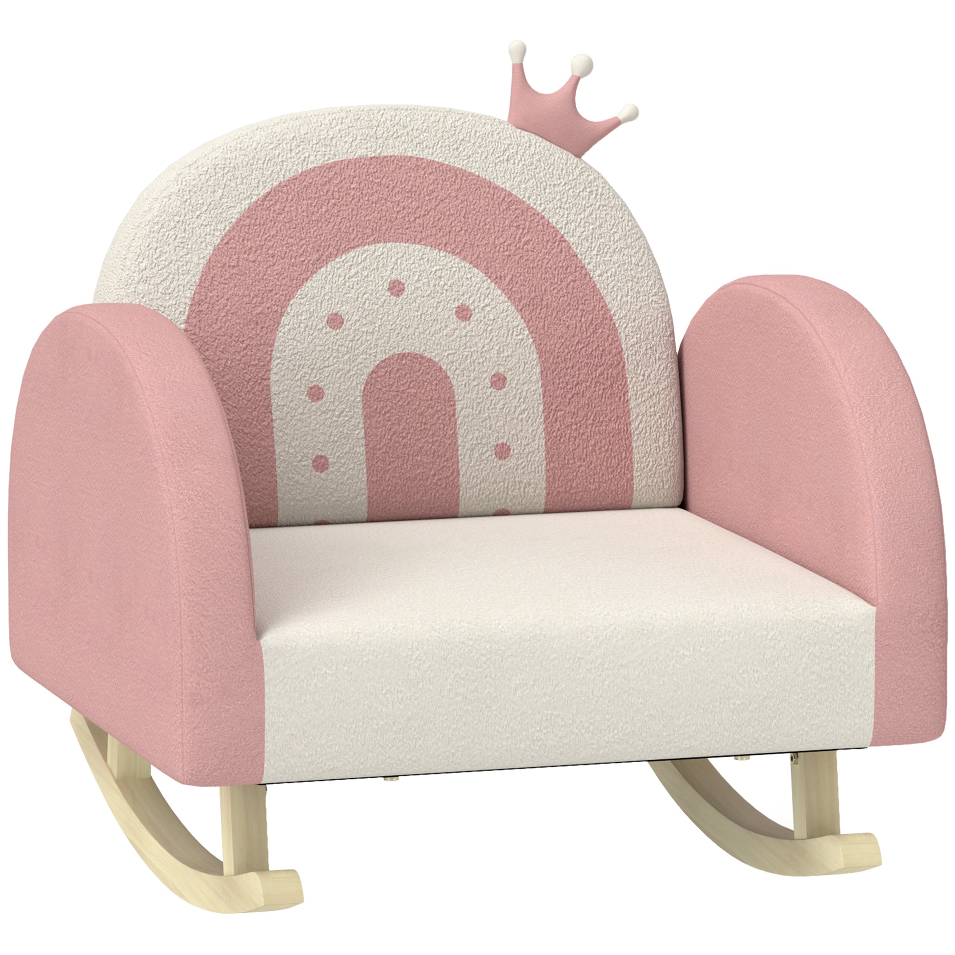 Pink and cream childrens rocking chair with rainbow design and crown detail