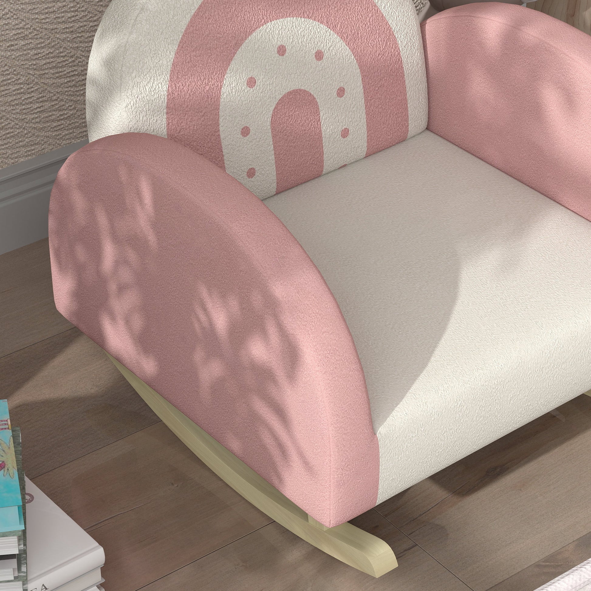 Pink and cream rainbow upholstered childrens rocking chair with plush fabric