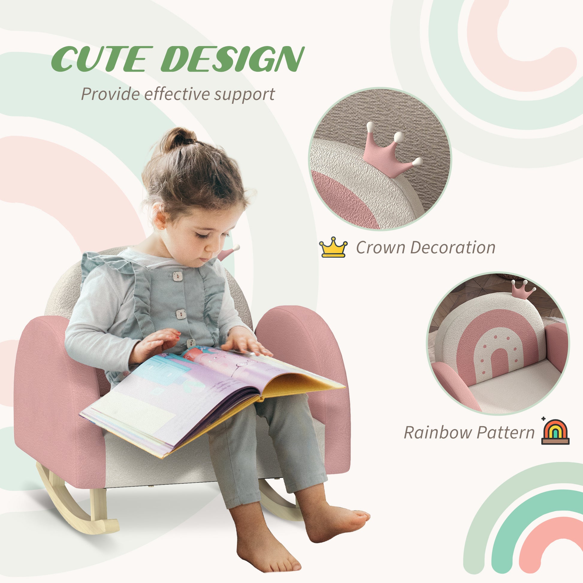 Pink upholstered childrens rocker with crown detail perfect for playrooms