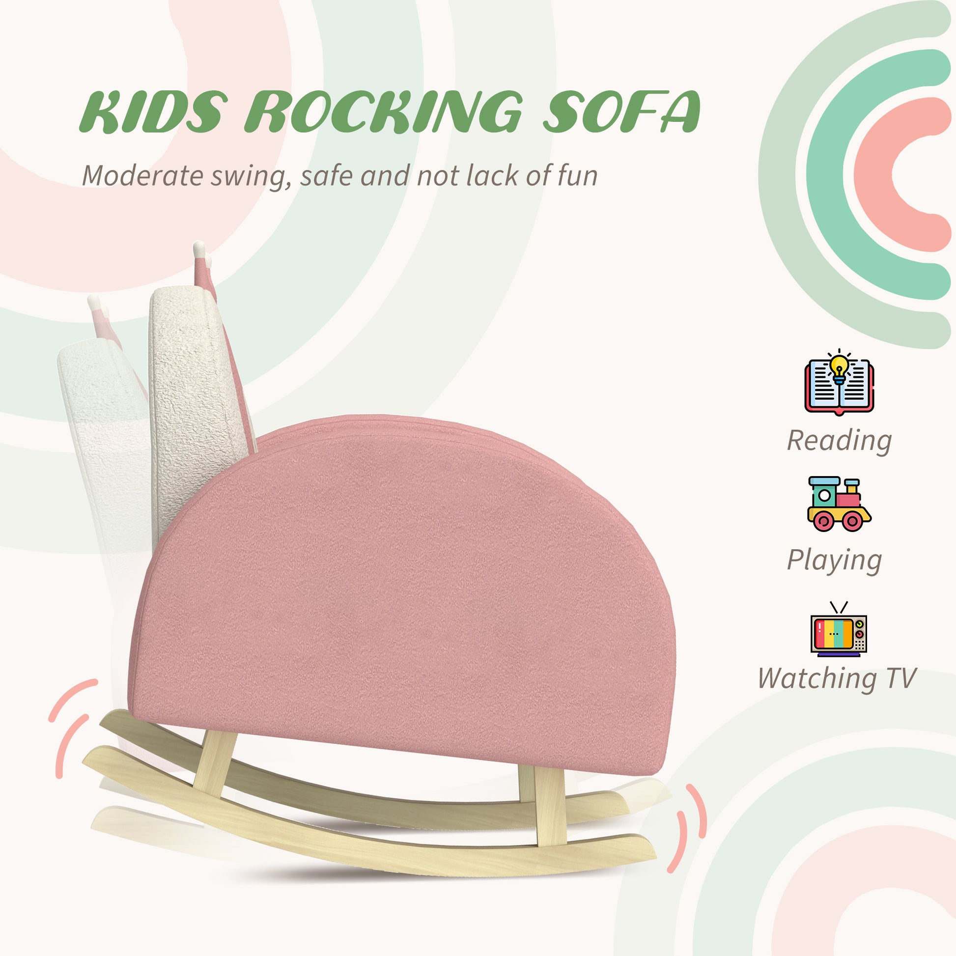 Pink upholstered kids rocking sofa with wooden base perfect for playrooms