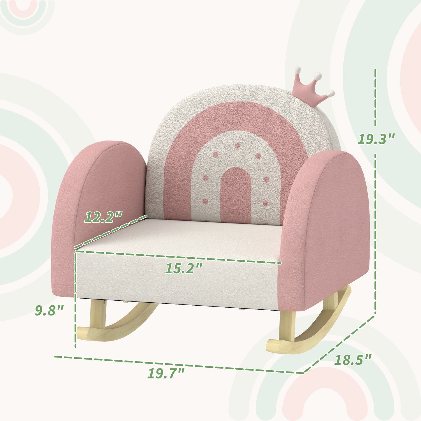 Pink toddler rocking chair with rainbow design and crown detail ideal for nursery