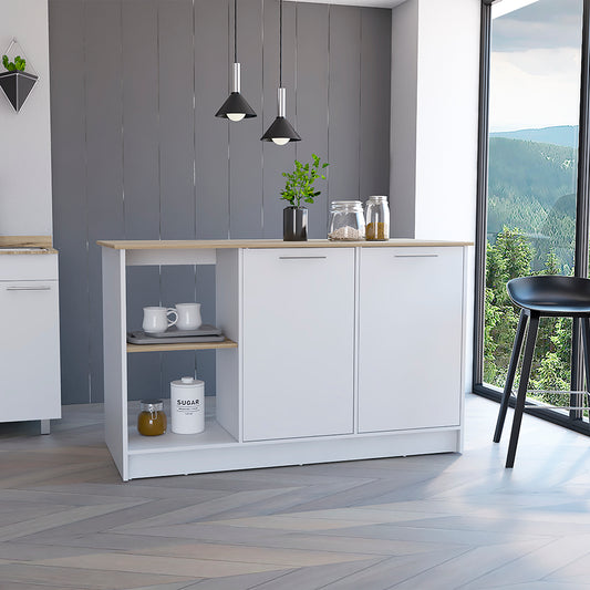 TREATLIFE HOME Kitchen Island with Four Open Shelves and Two Cabinets, Modern Design in Light Oak and White