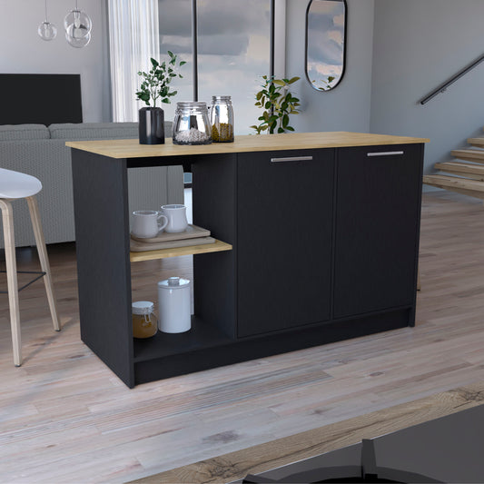 TREATLIFE HOME Kitchen Island with Large Top Surface and Double Door Cabinet, Open Shelves, Modern Design, Black/Macadamia