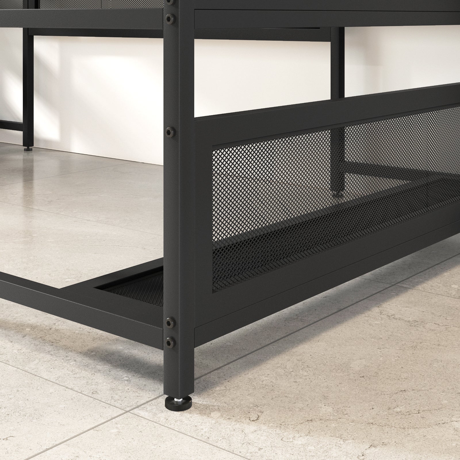 Black metal desk frame with mesh panel for industrial style