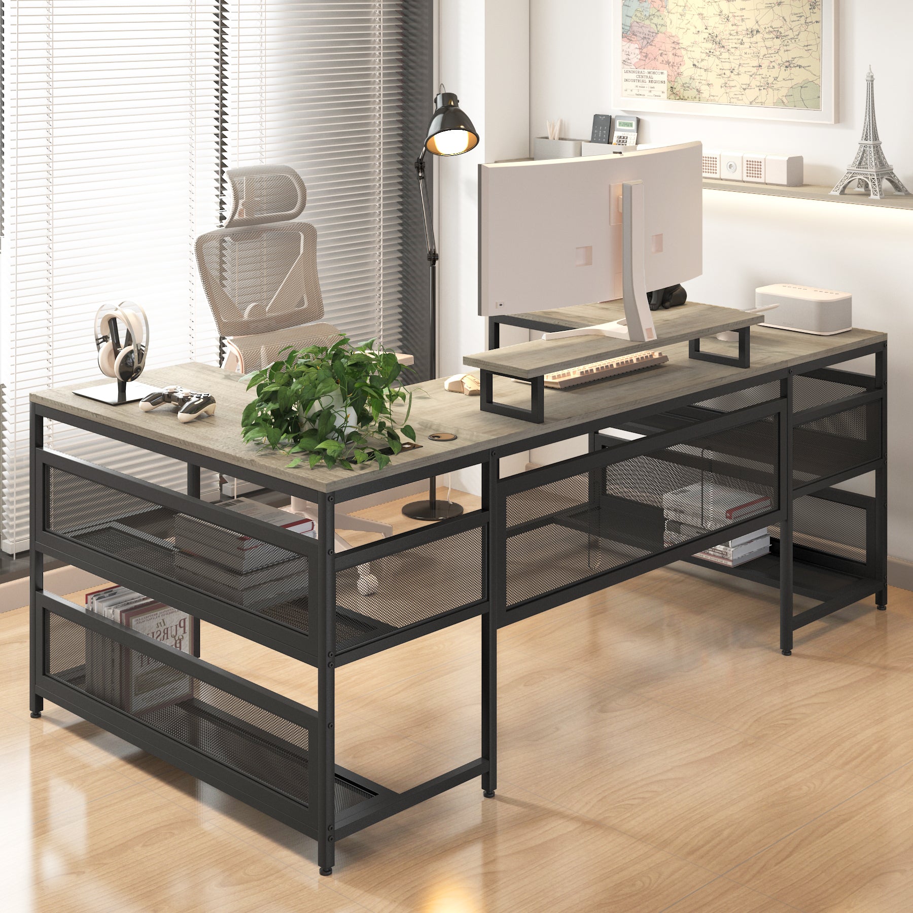 Lshaped computer desk with rustic wood finish and black metal frame offering ample workspace