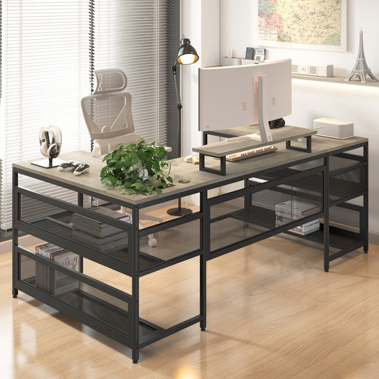 Lshaped computer desk with rustic wood finish and black metal frame offering ample workspace