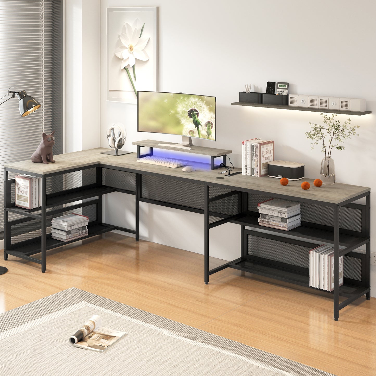 Rustic wood Lshaped computer desk with black metal frame and storage shelves for home office setup
