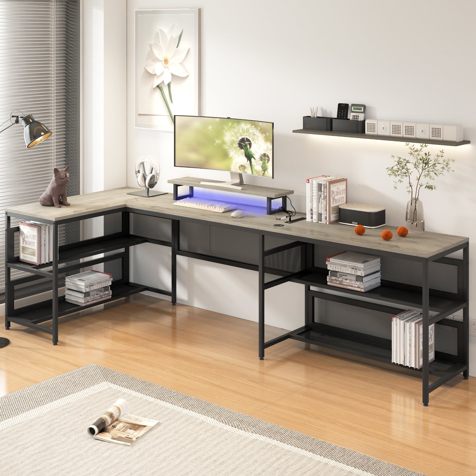 Rustic wood Lshaped computer desk with black metal frame and storage shelves for home office setup