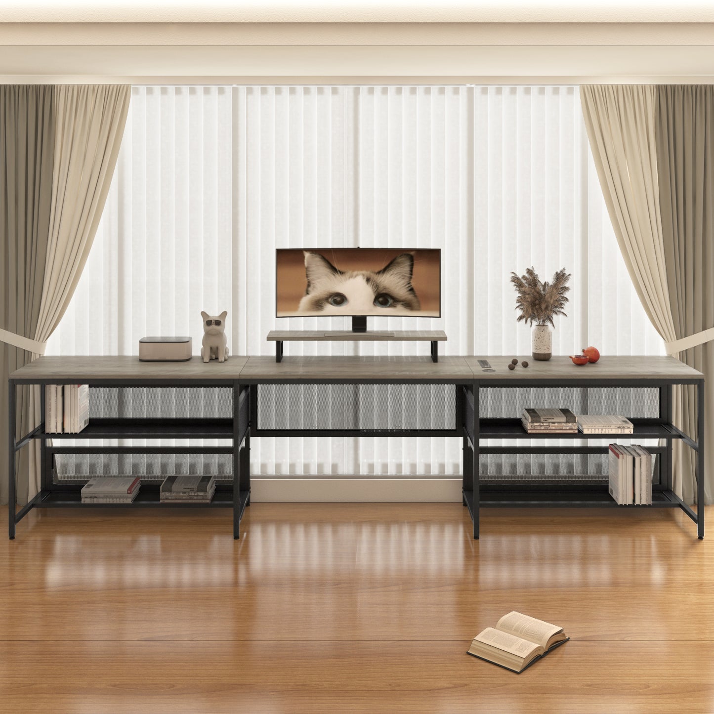 Modern rustic wood desk with metal frame and ample shelving for storage