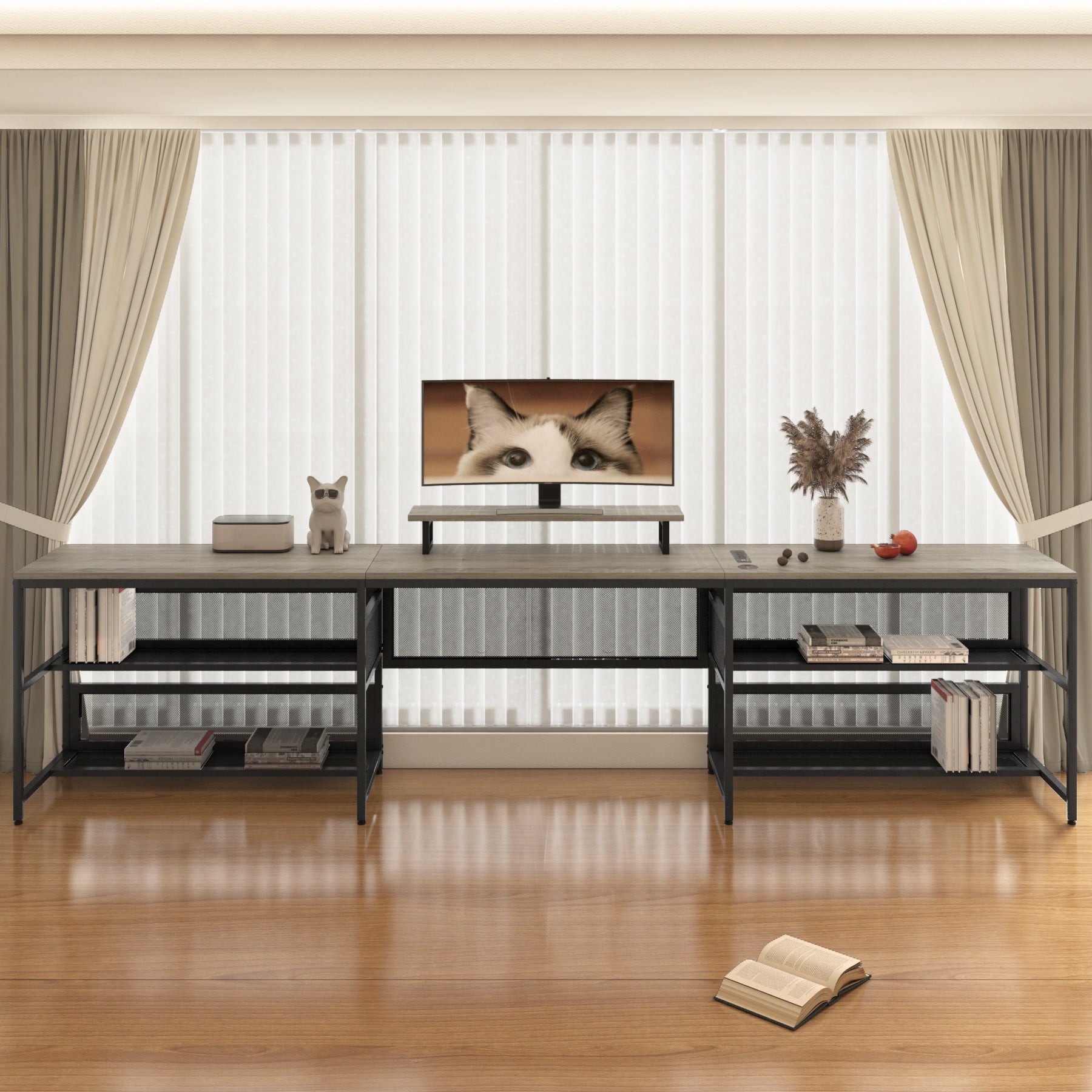 Modern rustic wood desk with metal frame and ample shelving for storage