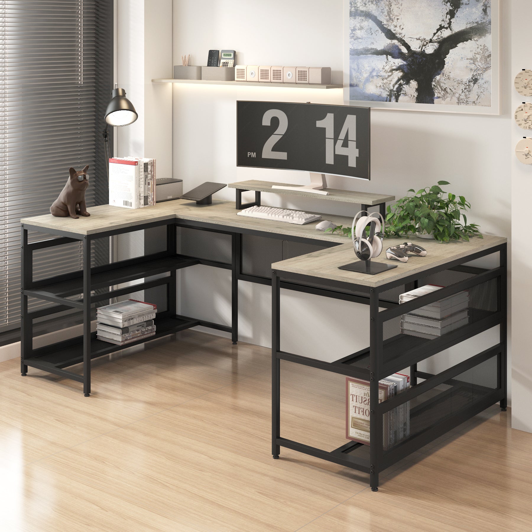 Spacious Lshaped computer desk with oak finish and black metal frame ideal for home office setups