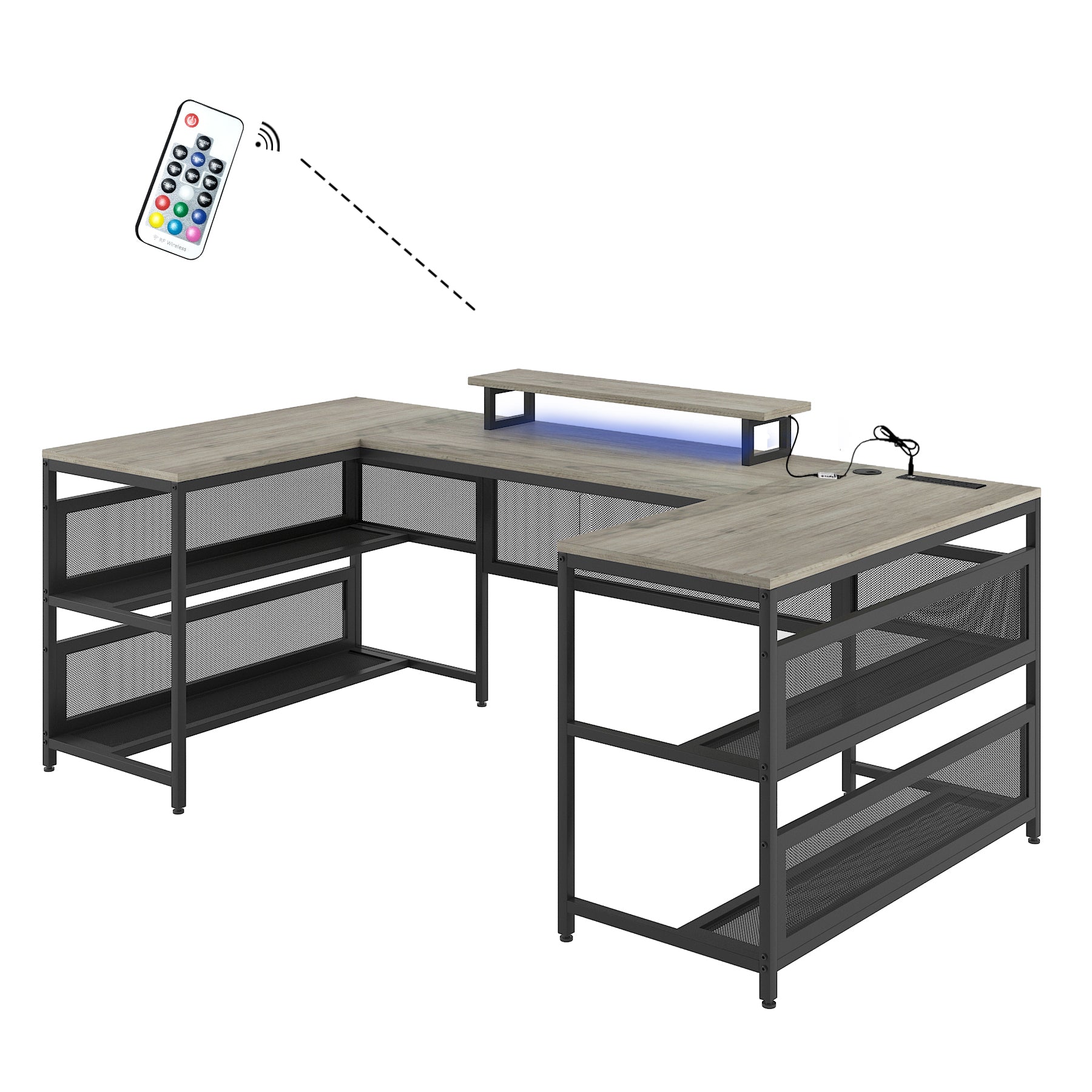 Lshaped desk with rustic wood finish black metal frame and integrated LED lighting