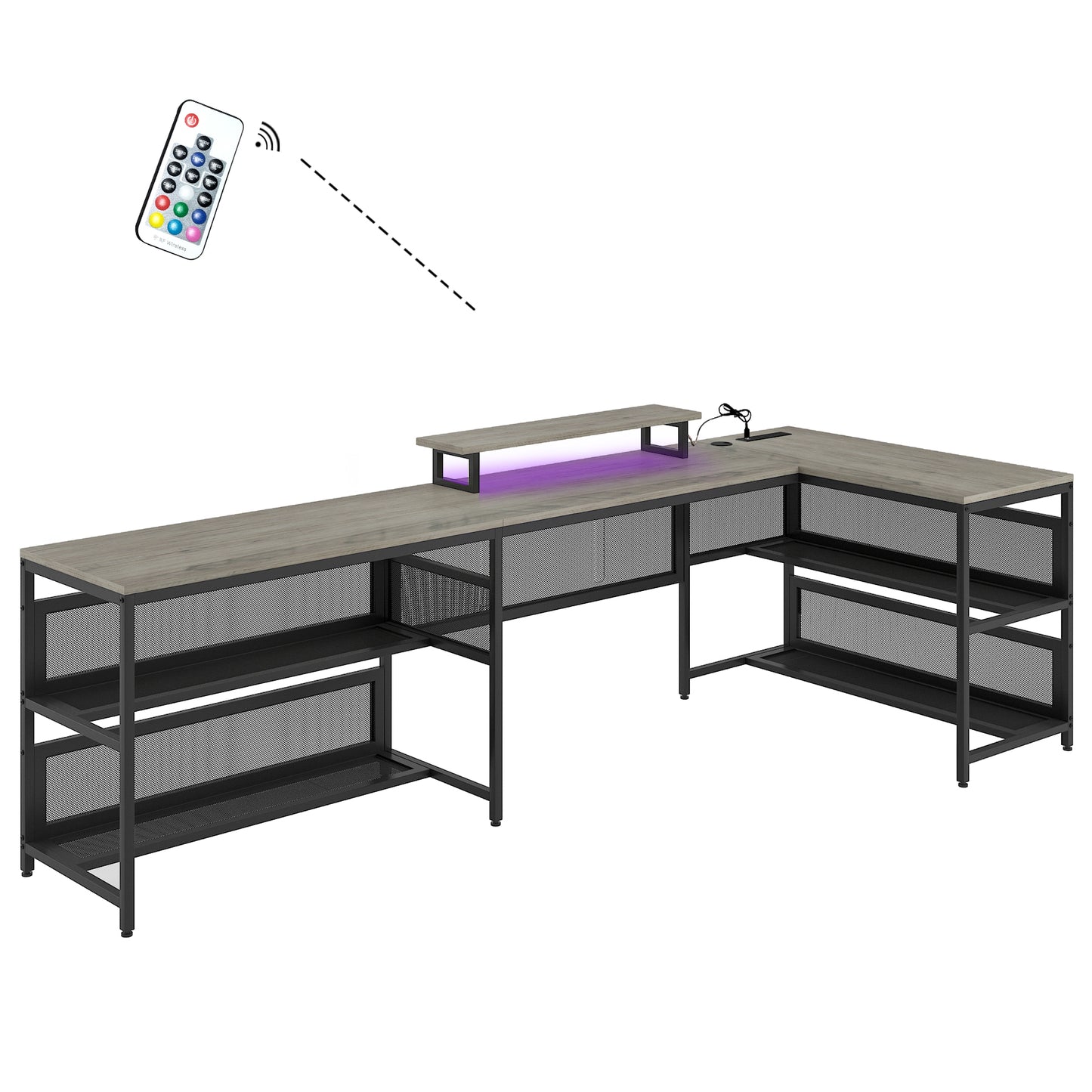 Lshaped desk with rustic wood finish black metal frame and builtin shelving