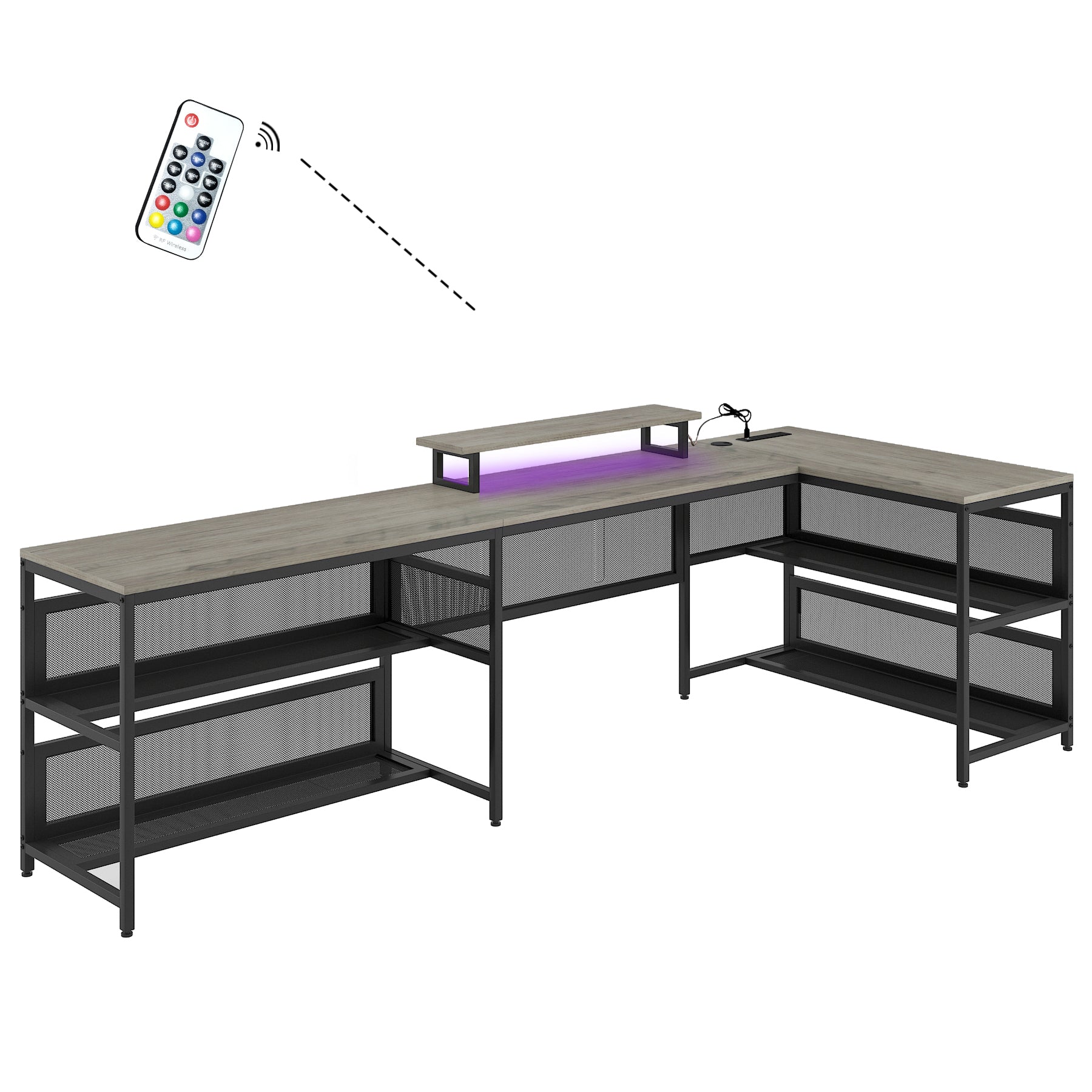 Lshaped desk with rustic wood finish black metal frame and builtin shelving