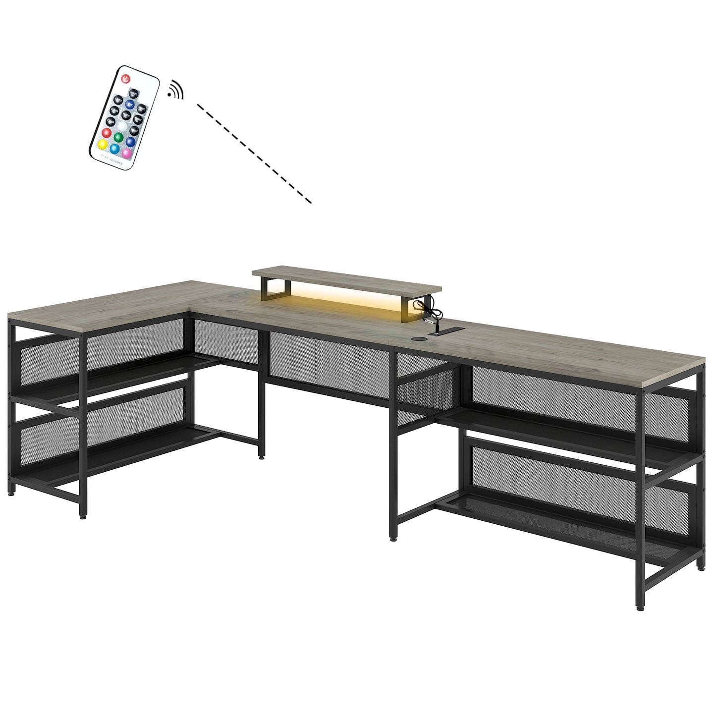 Grey Lshaped computer desk with builtin shelf and LED light includes remote