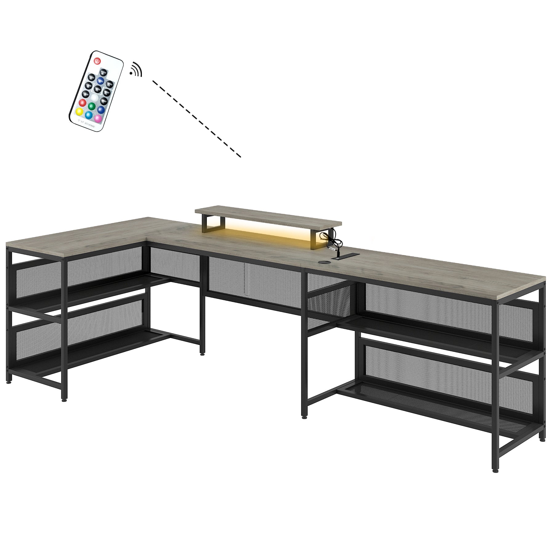 Grey Lshaped computer desk with builtin shelf and LED light includes remote