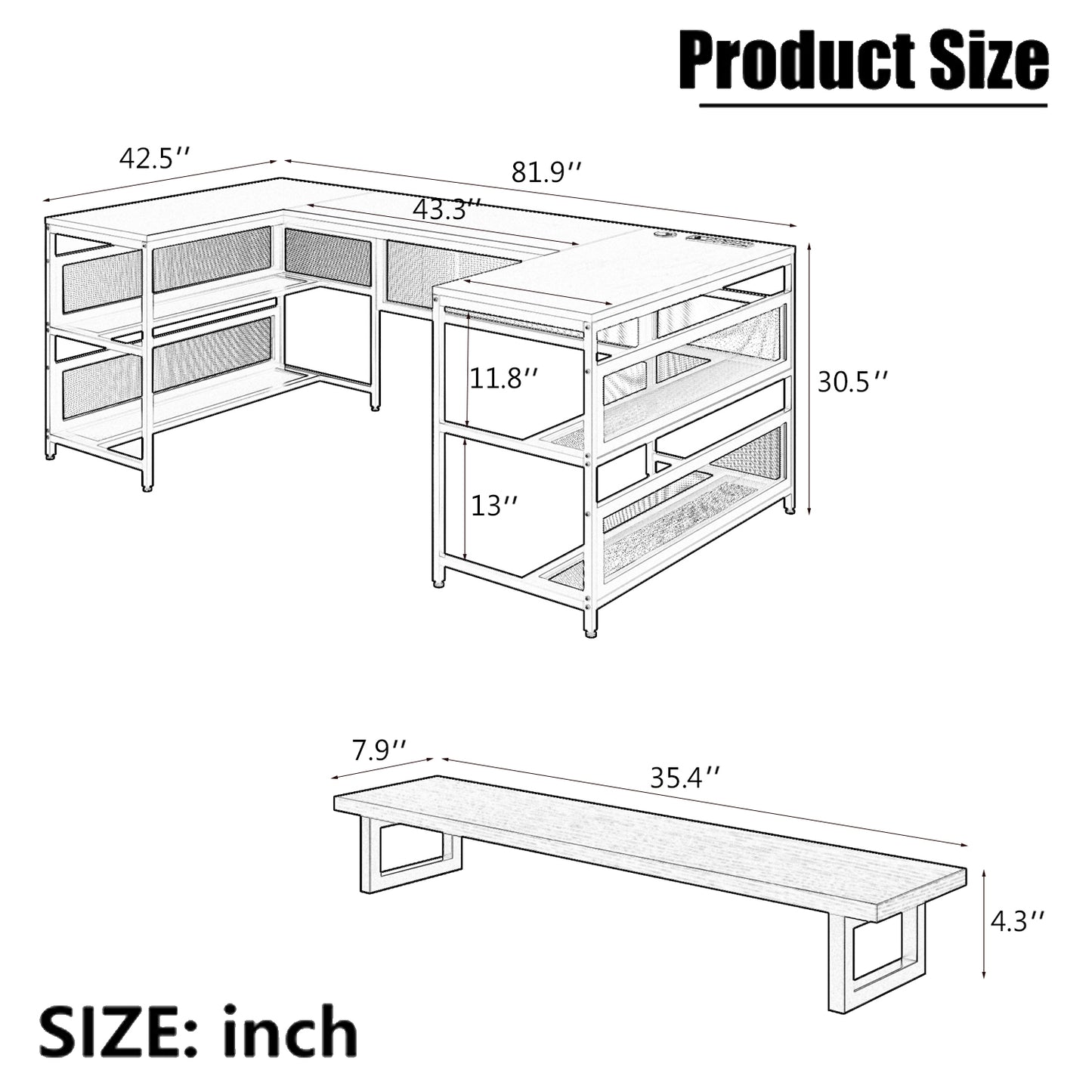 Lshaped desk with wire mesh shelving dimensions provided in inches