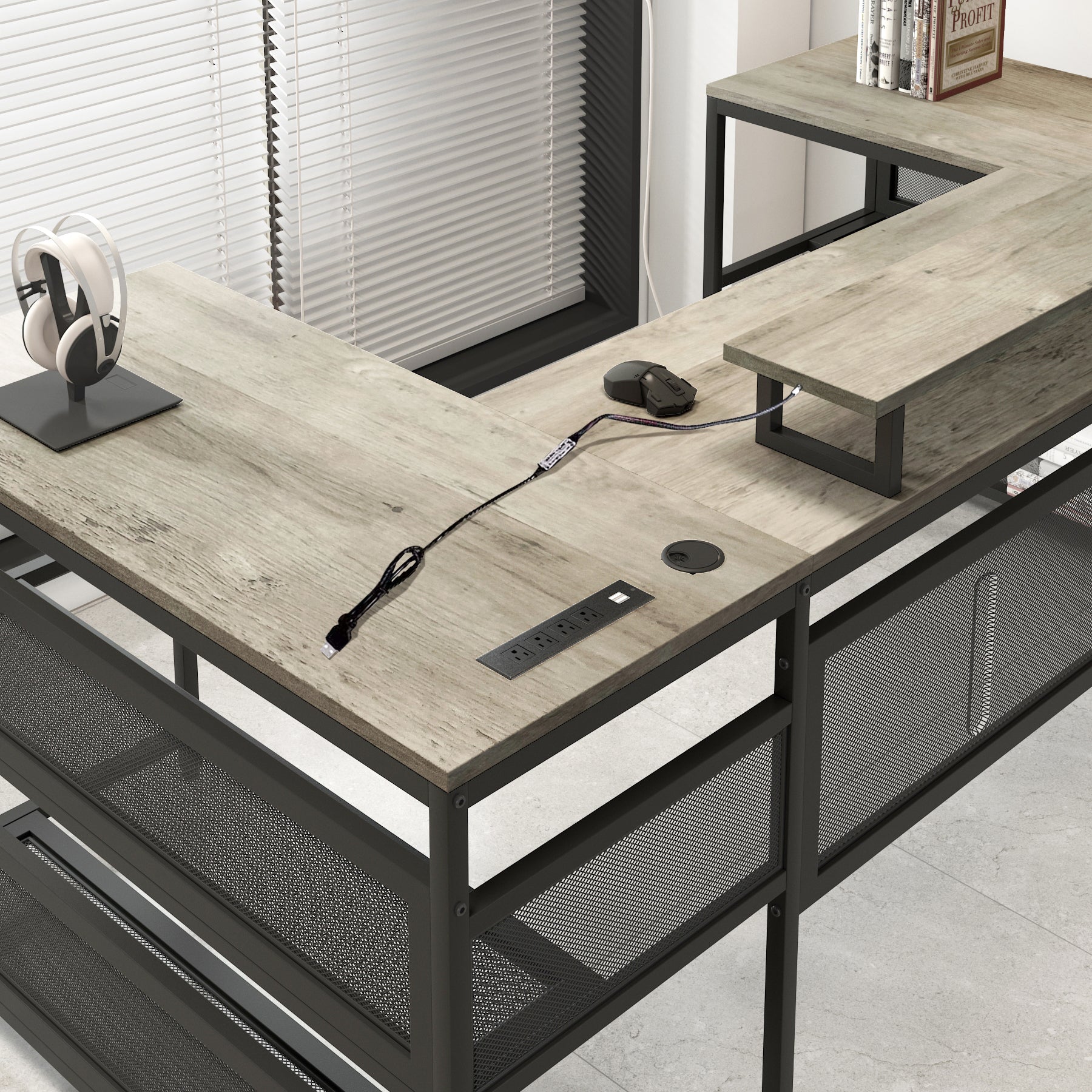 Rustic wood Lshaped computer desk with black metal frame and shelving
