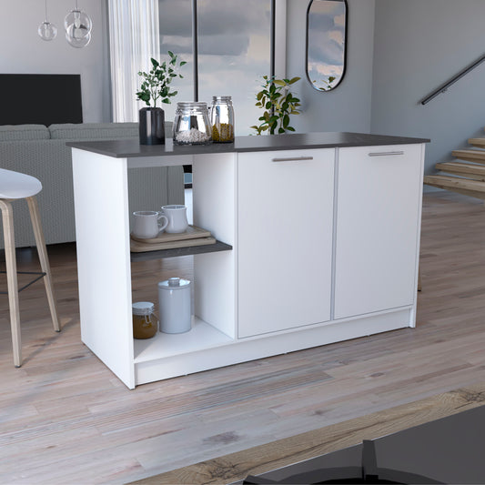 Modern white kitchen island with charcoal countertop and open shelving