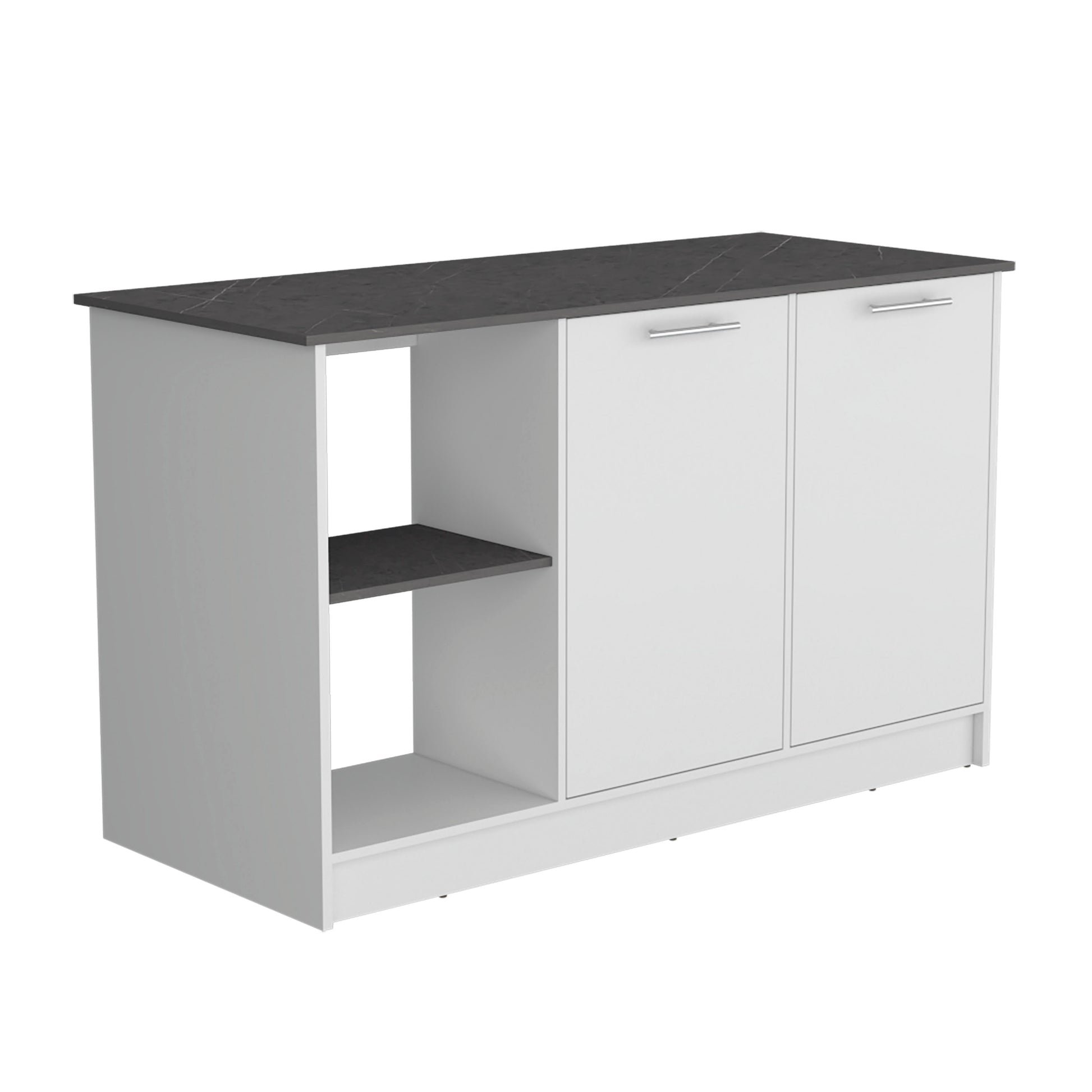 White kitchen island with grey marble countertop and open shelving