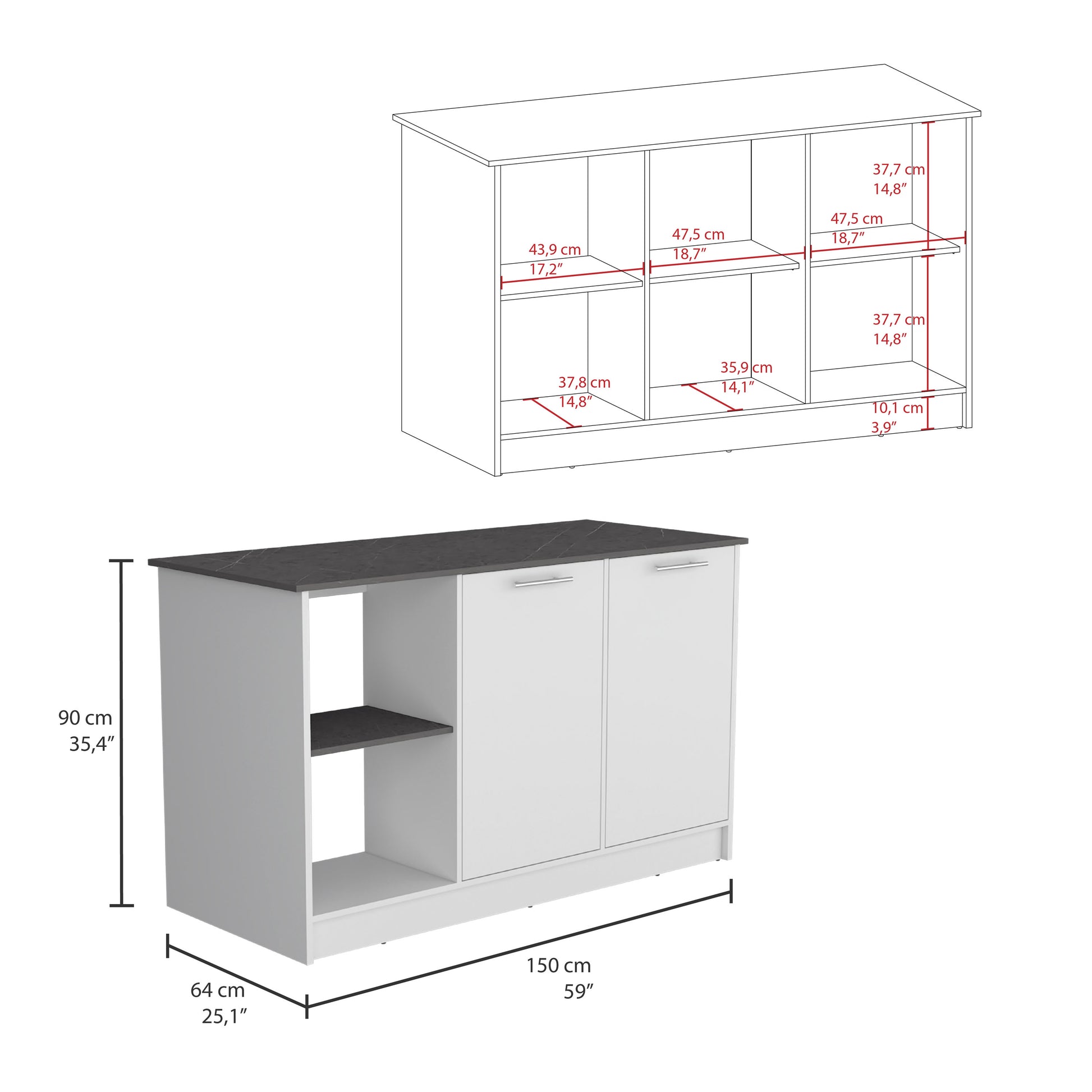 White kitchen island with grey granitestyle countertop and open shelf