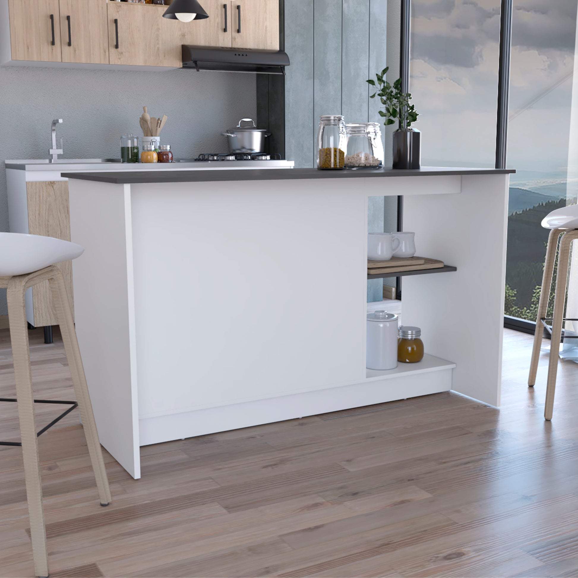 Modern white kitchen island with oak accents and a granite countertop