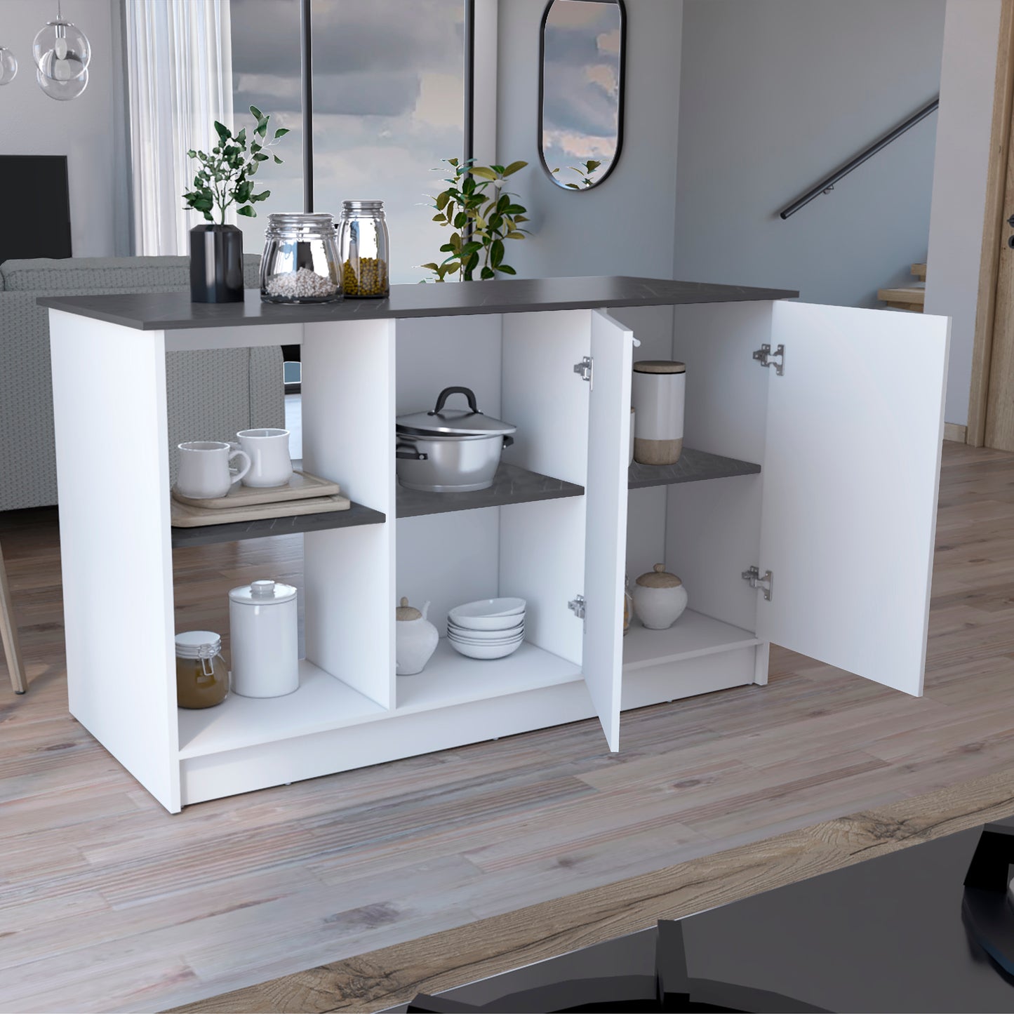 White and grey kitchen island with dark grey countertop and open doors showing storage