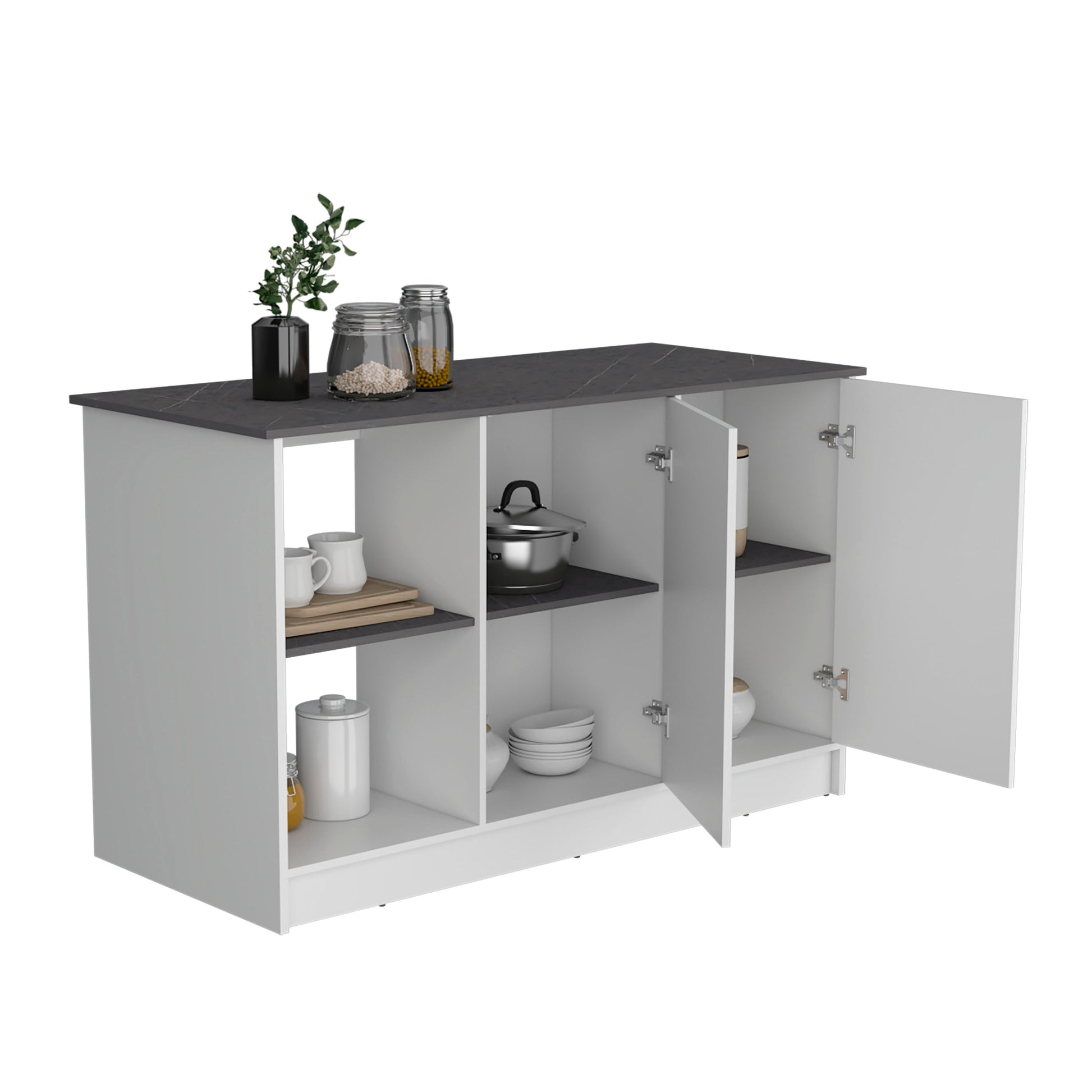 White and gray modern kitchen cabinet with dark marble countertop