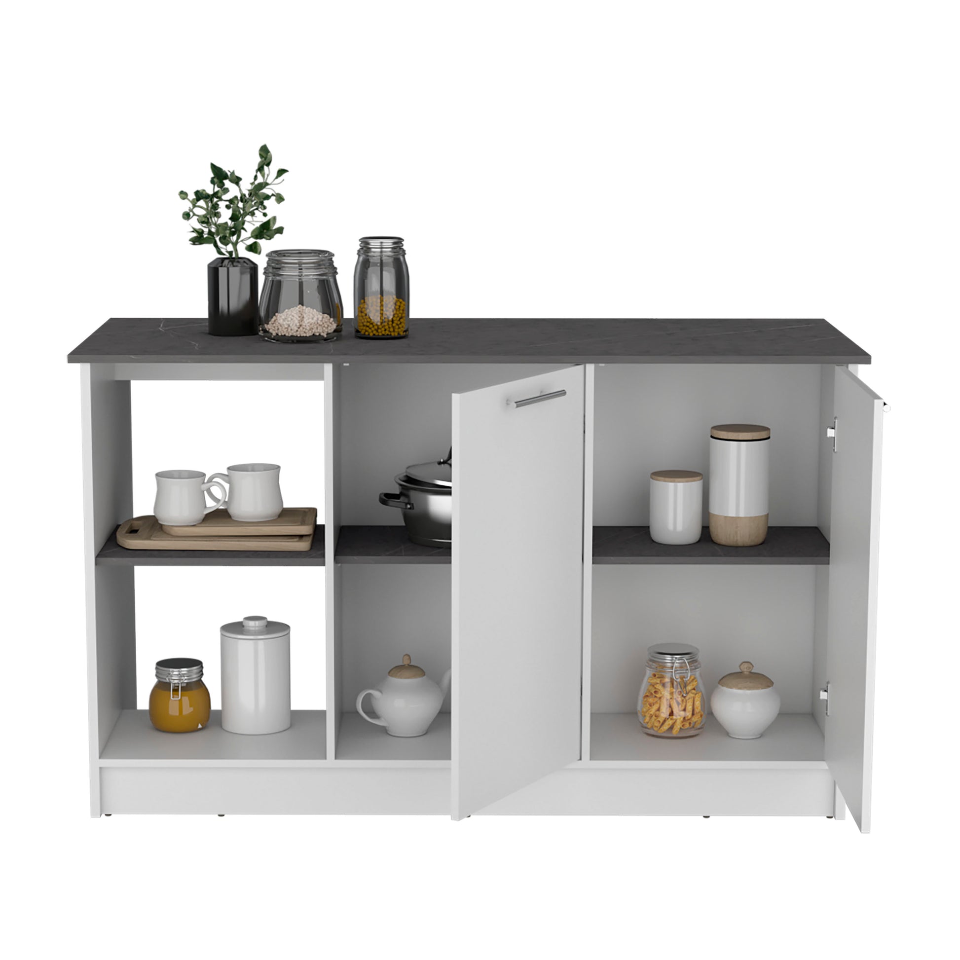 White and grey kitchen cabinet with dark marble top and open doors