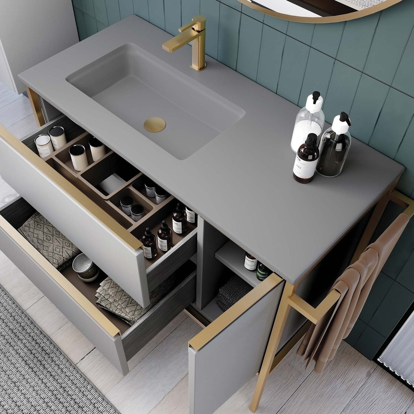 Modern gray bathroom vanity with gold hardware and integrated sink