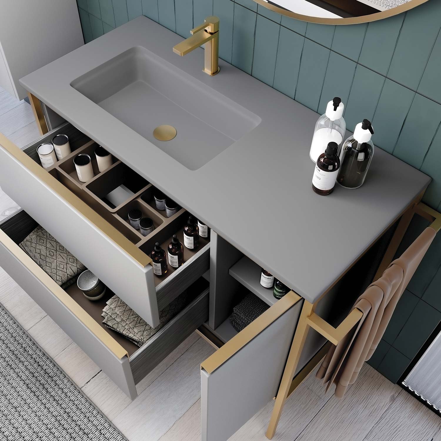 Modern gray bathroom vanity with gold hardware and integrated sink