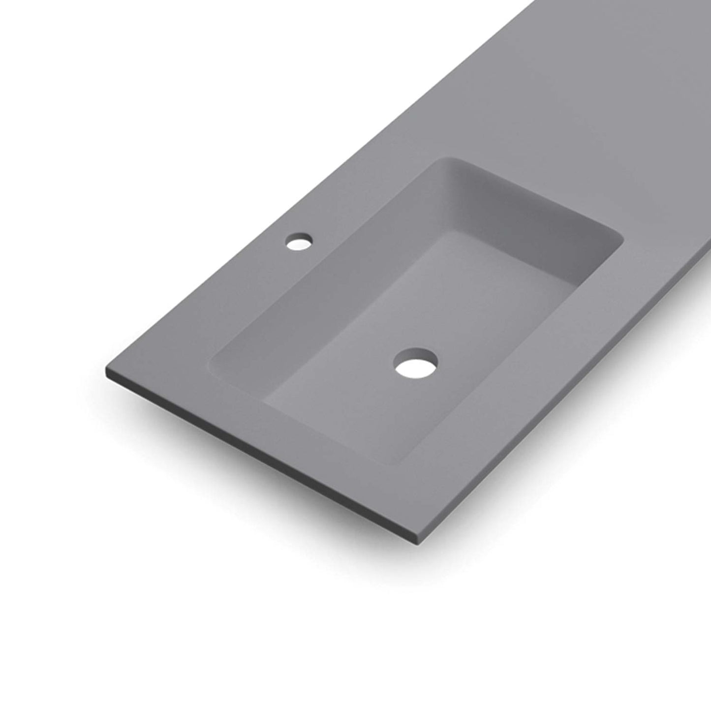 Modern grey solid surface vanity top with integrated sink and faucet holes